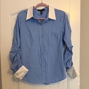 White House Black Market Blue Striped Blouse with White Collar